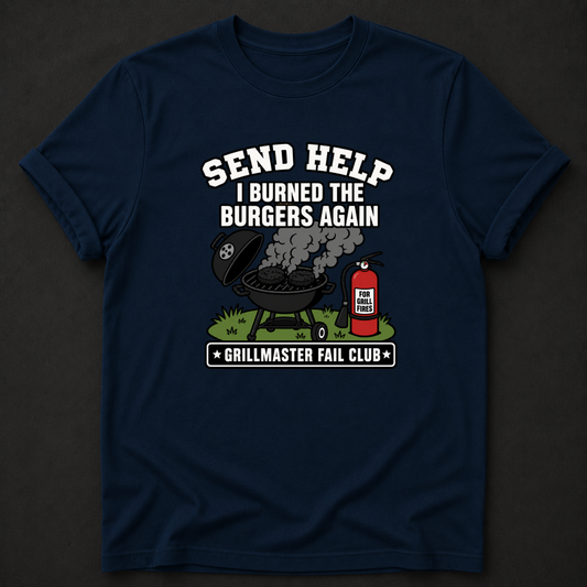 Send Help I Burned The Burgers Again T-Shirt - Funny BBQ Grillmaster Fail Graphic Tee