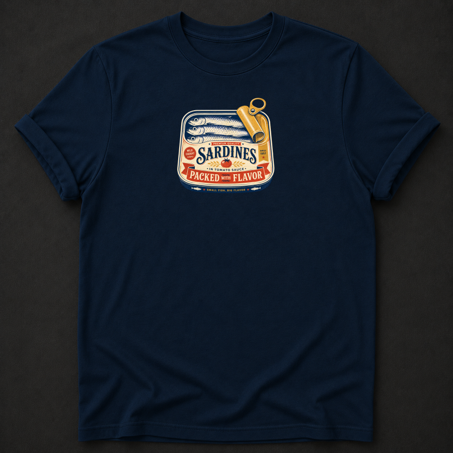 Vintage Sardines "Packed With Flavor" T-Shirt – Retro Canned Fish Foodie Tee