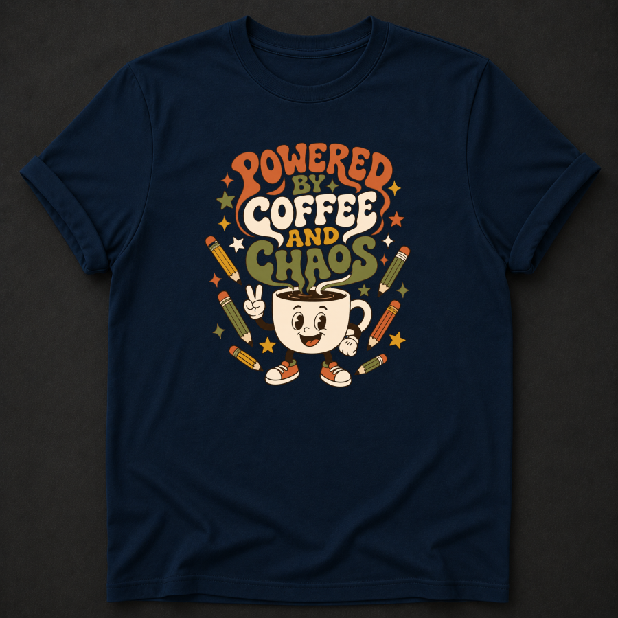 Powered By Coffee And Chaos T-Shirt - Funny Retro Teacher Graphic Tee