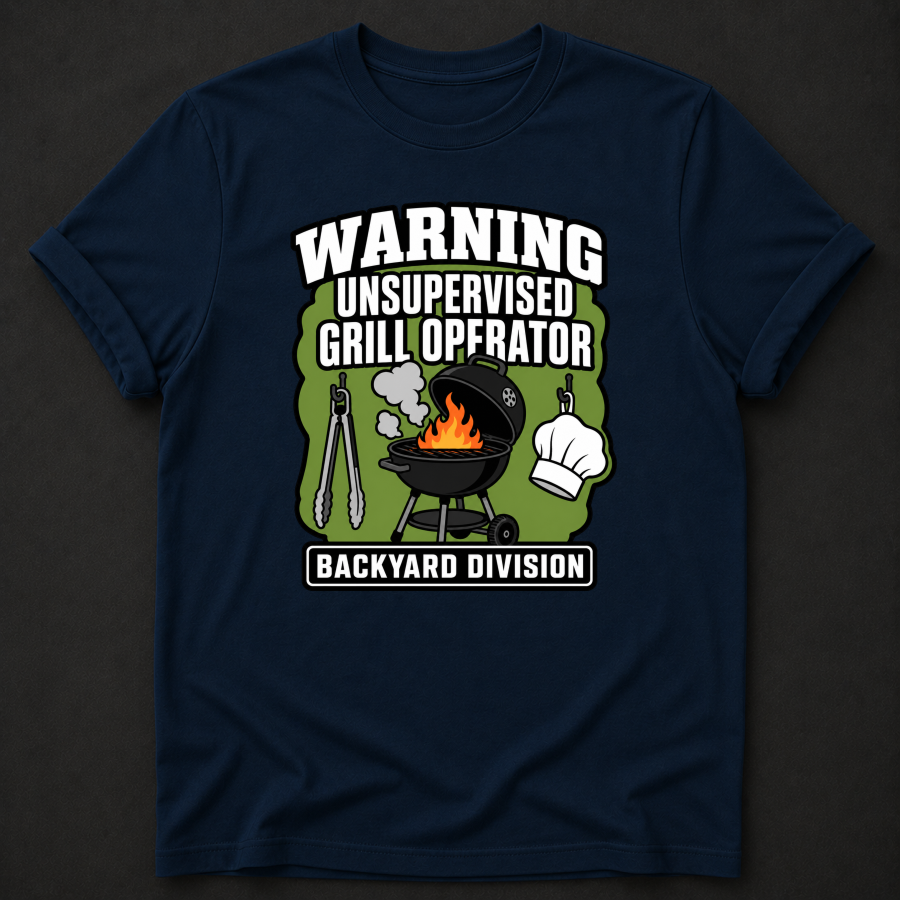 Warning Unsupervised Grill Operator T-Shirt - Funny BBQ Backyard Division Graphic Tee