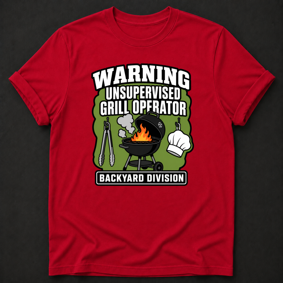 Warning Unsupervised Grill Operator T-Shirt - Funny BBQ Backyard Division Graphic Tee