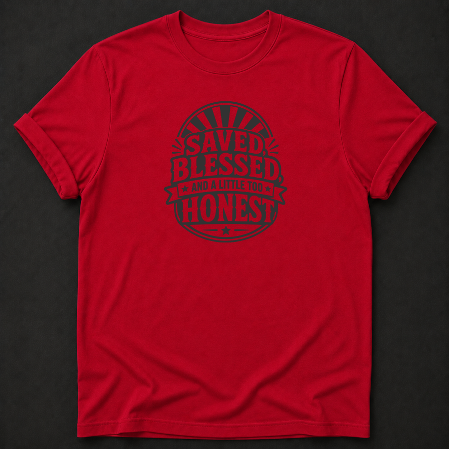 Saved Blessed And A Little Too Honest T-Shirt - Funny Christian Faith Graphic Tee