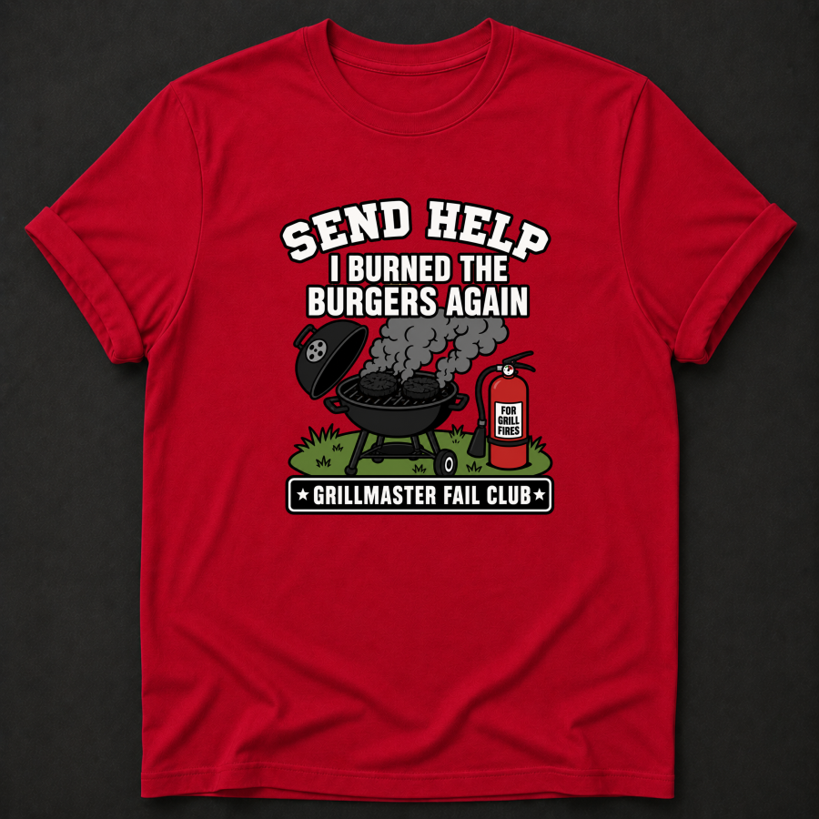 Send Help I Burned The Burgers Again T-Shirt - Funny BBQ Grillmaster Fail Graphic Tee