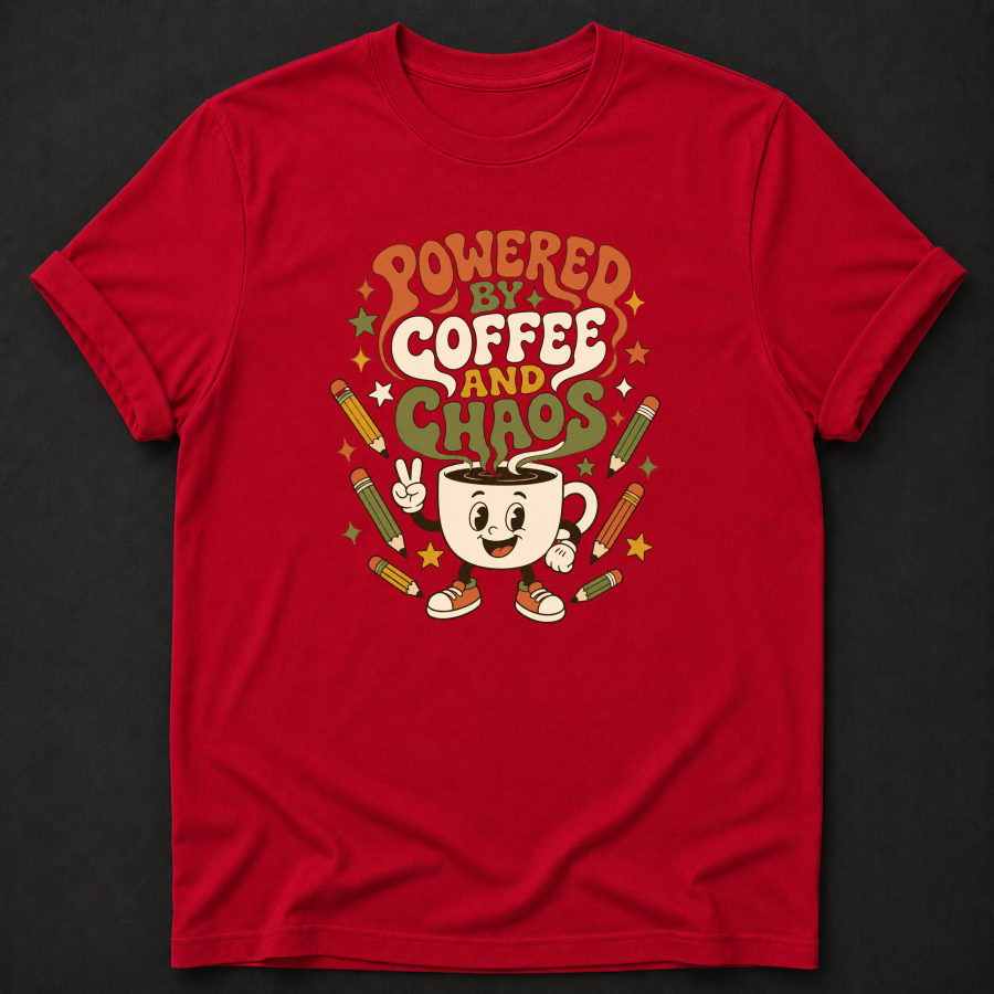 Powered By Coffee And Chaos T-Shirt - Funny Retro Teacher Graphic Tee