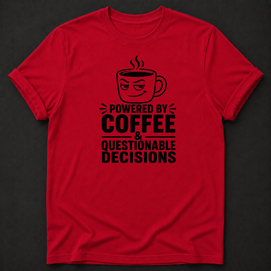 Powered By Coffee & Questionable Decisions T-Shirt - Funny Coffee Graphic Tee