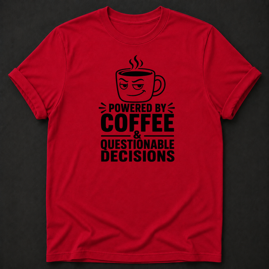 Powered By Coffee & Questionable Decisions T-Shirt - Funny Coffee Graphic Tee