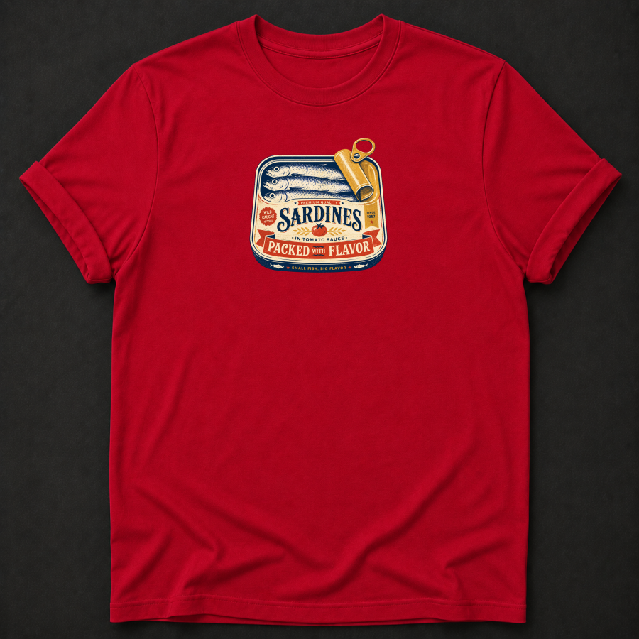 Vintage Sardines "Packed With Flavor" T-Shirt – Retro Canned Fish Foodie Tee