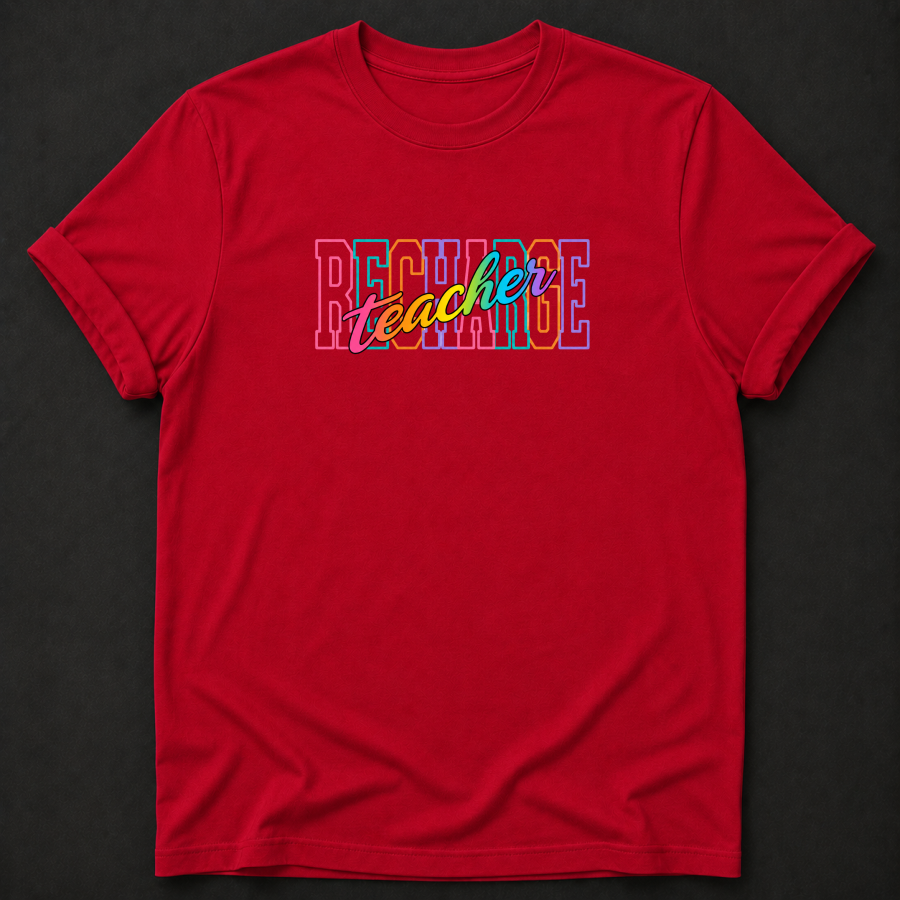 Recharge Teacher T-Shirt - Colorful Retro Teacher Graphic Tee