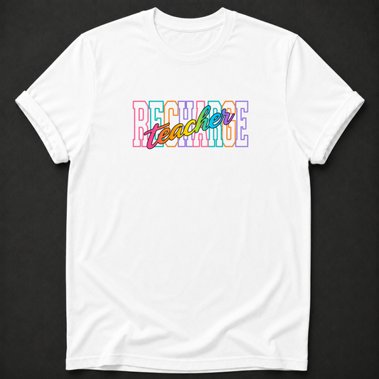 Recharge Teacher T-Shirt - Colorful Retro Teacher Graphic Tee