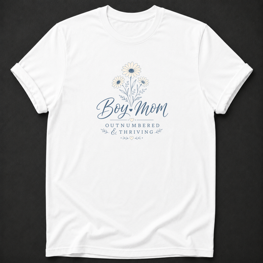 Boy Mom Outnumbered & Thriving T-Shirt - Mom Life Floral Graphic Tee