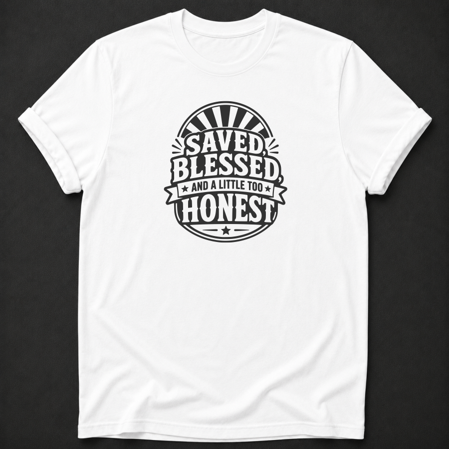 Saved Blessed And A Little Too Honest T-Shirt - Funny Christian Faith Graphic Tee
