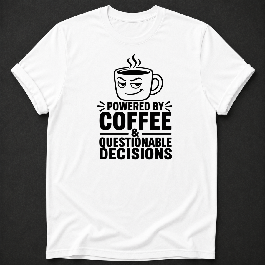 Powered By Coffee & Questionable Decisions T-Shirt - Funny Coffee Graphic Tee