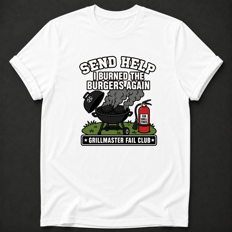 Send Help I Burned The Burgers Again T-Shirt - Funny BBQ Grillmaster Fail Graphic Tee