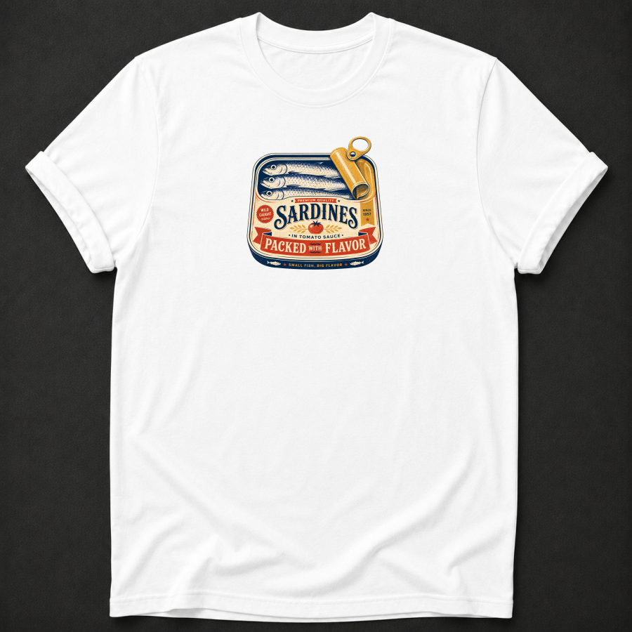 Vintage Sardines "Packed With Flavor" T-Shirt – Retro Canned Fish Foodie Tee