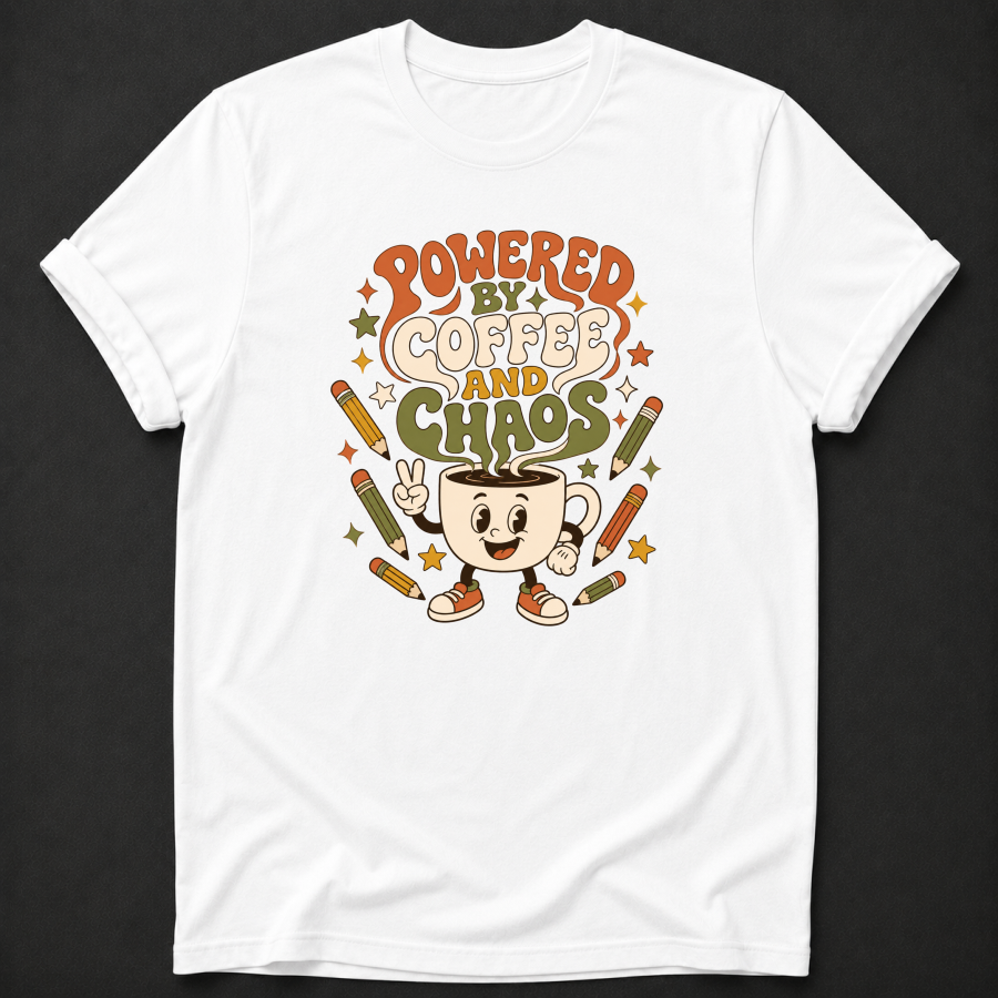 Powered By Coffee And Chaos T-Shirt - Funny Retro Teacher Graphic Tee