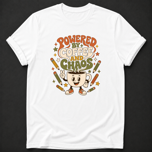 Powered By Coffee And Chaos T-Shirt - Funny Retro Teacher Graphic Tee