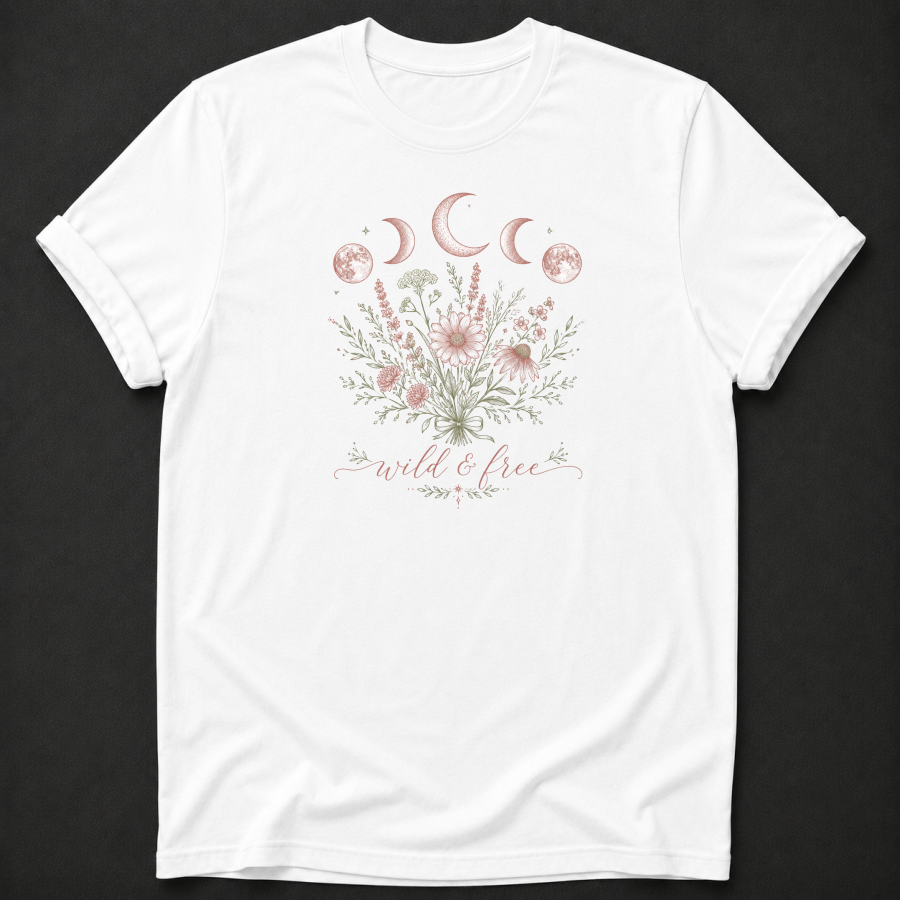Wild & Free T-Shirt - Moon Phase Botanical Graphic Tee